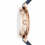 Emporio Armani Meccanico Gianni T-Bar Silver Dial Blue Leather Strap Watch For Women - AR60020