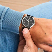 Emporio Armani Kappa Analog Quartz Black Dial Black Leather Strap Watch For Men - AR11013