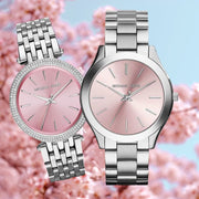 Michael Kors Slim Runway Quartz Pink Dial Silver Steel Strap Watch For Women - MK3380