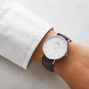 Daniel Wellington Classic Sheffield White Dial Black Leather Strap Watch For Women - DW00100053