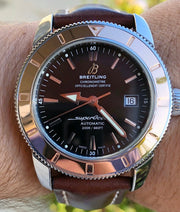 Breitling Superocean Heritage 42mm Rose Gold Chronometer Black Dial Brown Leather Strap Mens Watch - U1732112