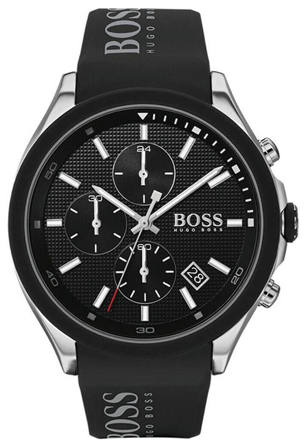 Hugo Boss Velocity Chronograph Black Dial Black Leather Strap Watch for Men - 1513716