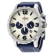 Fossil Nate Chronograph White Dial Blue Leather Strap Watch for Men - JR1480
