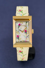 Gucci G-Frame Floral Mother of Pearl Dial White Leather Strap Watch For Women - YA147407