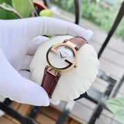 Gucci G Interlocking Mother of Pearl Dial Brown Leather Strap Watch For Women - YA133516