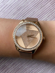 Guess Tri Glitz Quartz Diamonds Rose Gold Dial Rose Gold Mesh Bracelet Watch For Women - W1142L4