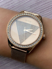 Guess Tri Glitz Quartz Diamonds Rose Gold Dial Rose Gold Mesh Bracelet Watch For Women - W1142L4