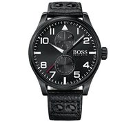 Hugo Boss Aeroliner Black Dial Black Leather Strap Watch For Men - 1513083