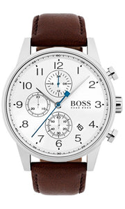 Hugo Boss Navigator Chronograph White Dial Brown Leather Strap Watch for Men - 1513495
