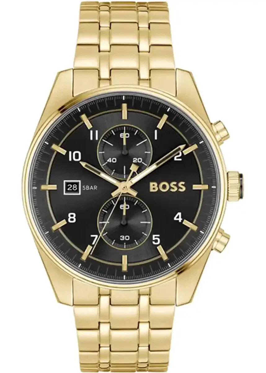 Hugo Boss Skytraveller Chronograph Black Dial Gold Steel Strap Watch for Men - 1514152