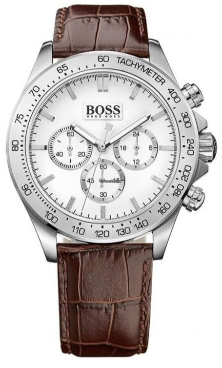 Hugo Boss Ikon Chronograph White Dial Brown Leather Strap Watch for Men - 1513175