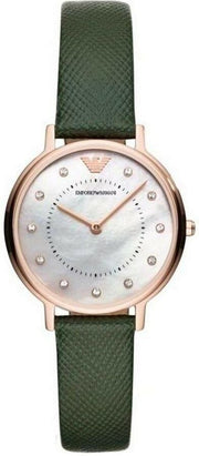 Emporio Armani Mother of Pearl Dial Green Leather Strap Watch For Women - AR11150