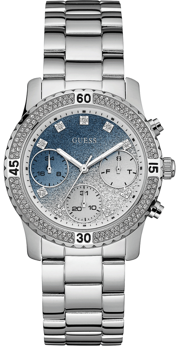 Guess Confetti Diamonds Blue Dial Silver Steel Strap Watch for Women - W0774L6