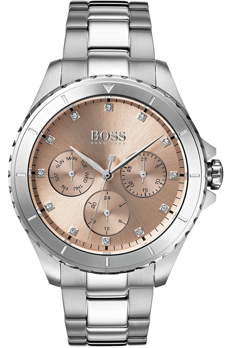 Hugo Boss Premiere Chronorgaph Rose Gold Dial Silver Steel Strap Watch for Women - 1502444