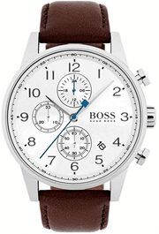 Hugo Boss Navigator Chronograph White Dial Brown Leather Strap Watch for Men - 1513495