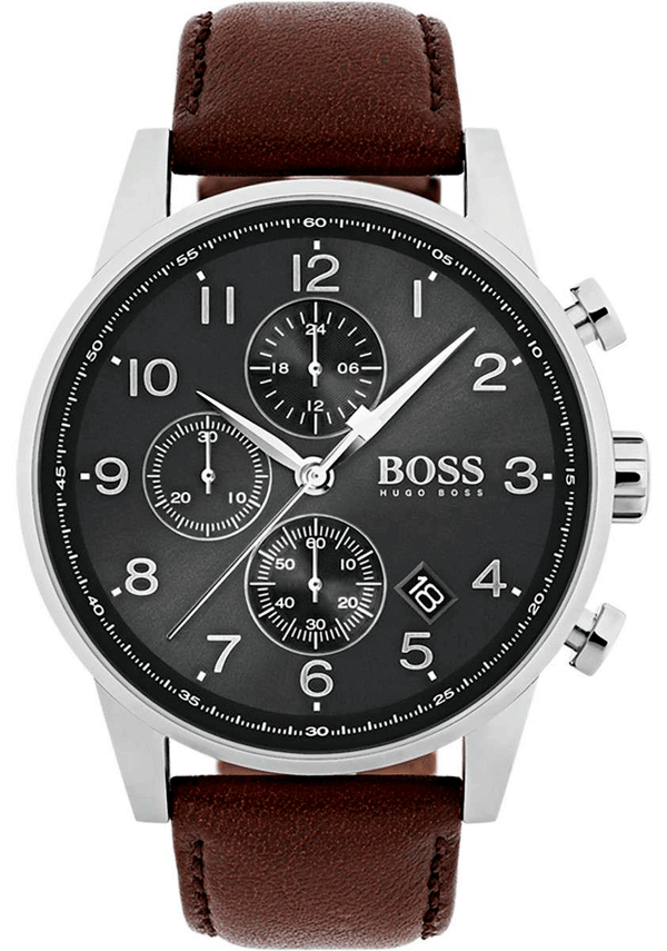 Hugo Boss Navigator Chronograph Grey Dial Brown Leather Strap Watch for Men - 1513494