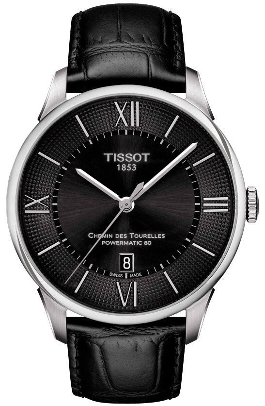 Tissot Chemin Des Tourelles Powermatic 80 Black Dial Black Leather Strap Watch For Men - T099.407.16.058.00