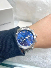 Emporio Armani Mario Chronograph Blue Dial Silver Steel Strap Watch For Men - AR11306