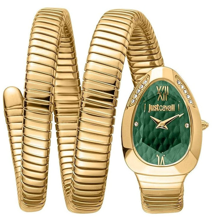 Just Cavalli Serpente Metallica Green Dial Gold Steel Strap Watch for Women - JC1L224M0045