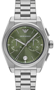 Emporio Armani Federico Chronograph Green Dial Silver Steel Strap Watch for Men - AR11640