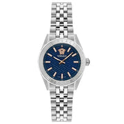 Versace V-Code Analog Blue Dial Silver Steel Strap Watch for Women - VE8I00324