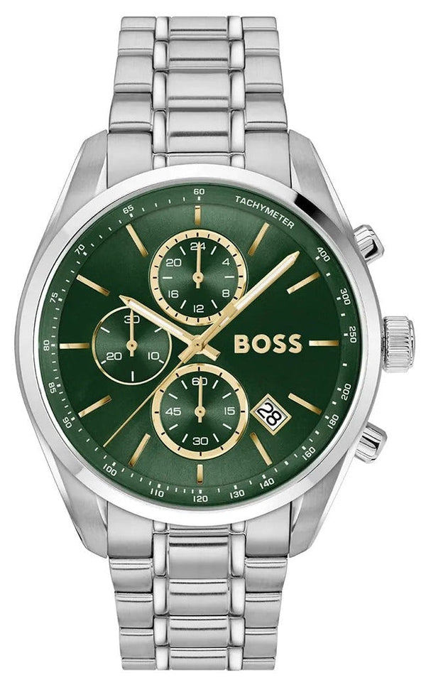 Hugo Boss Grand Prix Chronograph Green Dial Silver Steel Strap Watch for Men - 1514266