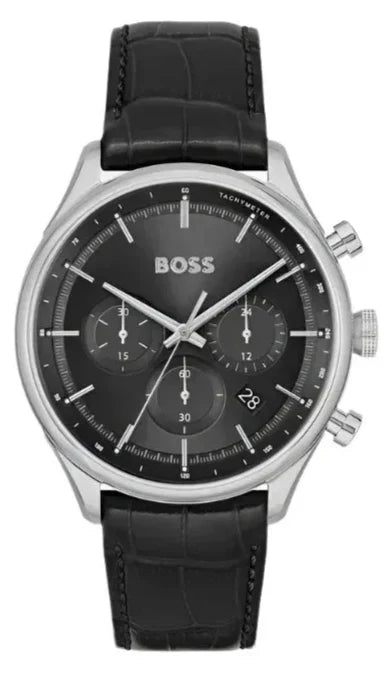 Hugo Boss Gregor Chronograph Black Dial Black Leather Strap Watch for Men - 1514049
