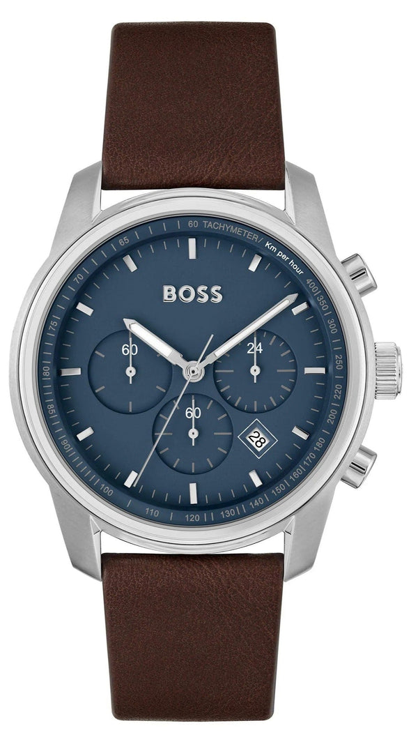 Hugo Boss Trace Chronograph Blue Dial Brown Leather Strap Watch for Men - 1514002