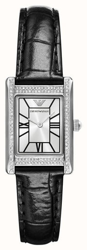Emporio Armani Two Hand Crystals Silver Dial Black Leather Strap Watch for Women - AR11623