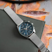 Hugo Boss Skytraveller Chronograph Blue Dial Silver Mesh Strap Watch for Men - 1514149
