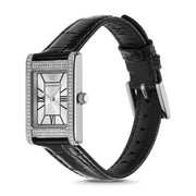 Emporio Armani Two Hand Crystals Silver Dial Black Leather Strap Watch for Women - AR11623