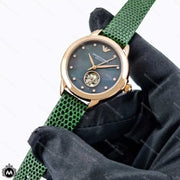 Emporio Armani Mia Meccanico Mother of Pearl Dial Green Leather Strap Watch for Women - AR60073