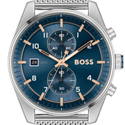 Hugo Boss Skytraveller Chronograph Blue Dial Silver Mesh Strap Watch for Men - 1514149
