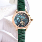 Emporio Armani Mia Meccanico Mother of Pearl Dial Green Leather Strap Watch for Women - AR60073