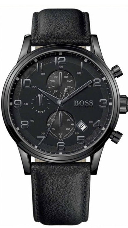 Hugo Boss Aeroliner Chronograph Black Dial Black Leather Strap Watch for Men - 1512567