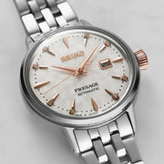 Seiko Presage Cocktail Time Skydiving Automatic Diamonds Mother of Pearl Dial Silver Steel Strap Watch for Women - SRE009J1