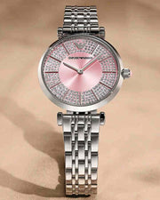 Emporio Armani Gianni T-Bar Pink Dial Silver Steel Strap Watch for Women - AR11686