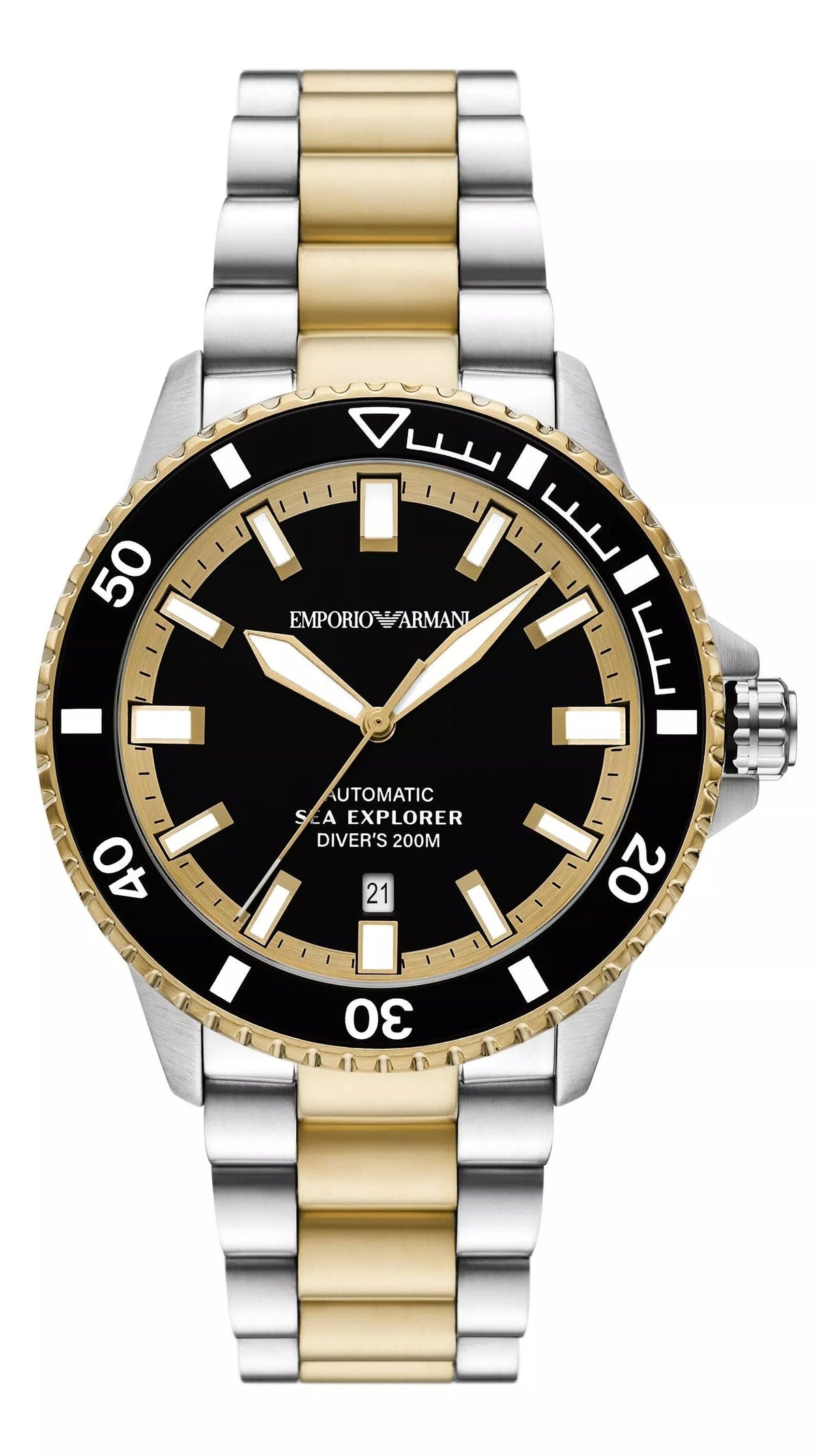 Emporio Armani Sea Explorer Black Dial Two Tone Steel Strap Watch for Men - AR60089