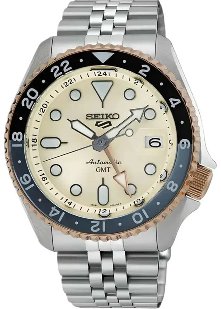 Seiko 5 GMT Sport Asia Exclusive Limited Edition Off White Dial Silver Steel Strap Watch for Men - SSK046K1