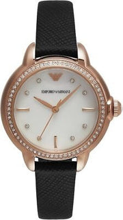 Emporio Armani Mia Mother of Pearl Dial Black Leather Strap Watch for Women - AR11598