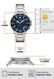 Emporio Armani World Explorer Chronograph Blue Dial Silver Steel Strap Watch for Men - AR11681