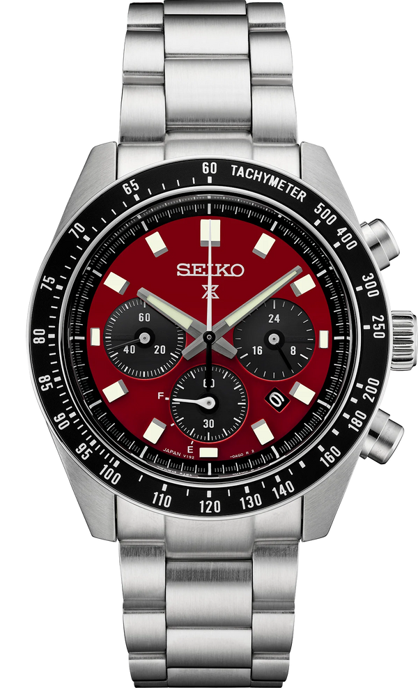 Seiko Prospex US Special Edition Speedtimer Solar Chronograph Red Dial Silver Steel Strap Watch for Men - SSC927