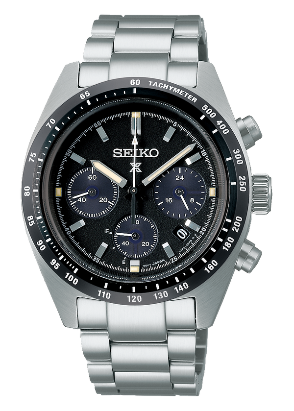 Seiko Prospex Speedtimer Solar Chronograph Black Dial Silver Steel Strap Watch for Men - SSC819