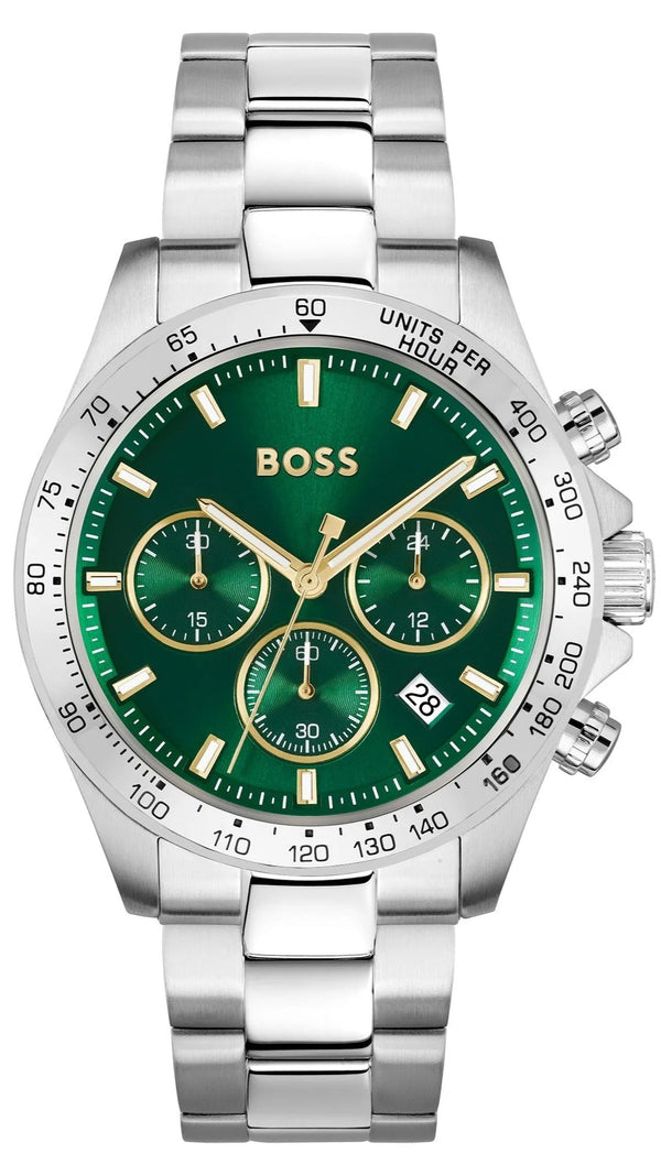 Hugo Boss Hero Chronograph Green Dial Silver Steel Strap Watch for Men - 1514217
