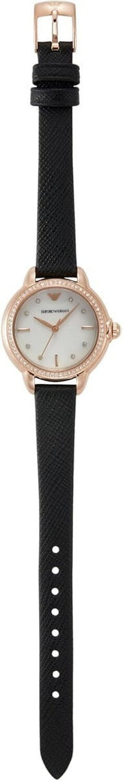 Emporio Armani Mia Mother of Pearl Dial Black Leather Strap Watch for Women - AR11598