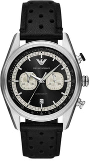 Emporio Armani Racer Chronograph Black Dial Black Leather Strap Watch for Men - AR11635