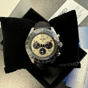 Seiko Prospex Speedtimer Solar Chronograph Ivory Dial Black Leather Strap Watch for Men - SSC943