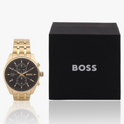 Hugo Boss Skytraveller Chronograph Black Dial Gold Steel Strap Watch for Men - 1514152