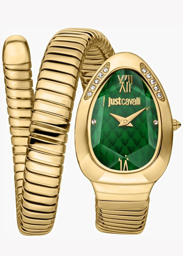 Just Cavalli Serpente Metallica Green Dial Gold Steel Strap Watch for Women - JC1L223M0035