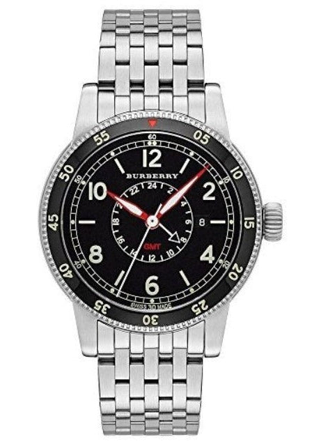 Burberry Utilitarian GMT Black Dial Silver Steel Strap Watch for Men - BU7866